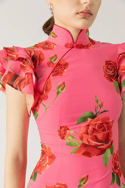 🎉Hot Sale 49% OFF🥳Cheongsam Style Rose Floral Print Tiered Flare Sleeve Stretch Maxi Dress