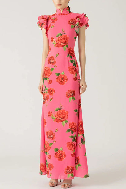 🎉Hot Sale 49% OFF🥳Cheongsam Style Rose Floral Print Tiered Flare Sleeve Stretch Maxi Dress