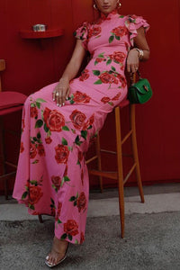 🎉Hot Sale 49% OFF🥳Cheongsam Style Rose Floral Print Tiered Flare Sleeve Stretch Maxi Dress