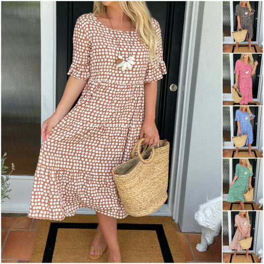 🎁2025 Big Sale🎁💥Round Neck Polka Dot Print Midi Dress