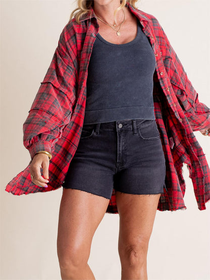 🏆Women's Mineral Washed Button Down Plaid Shirt