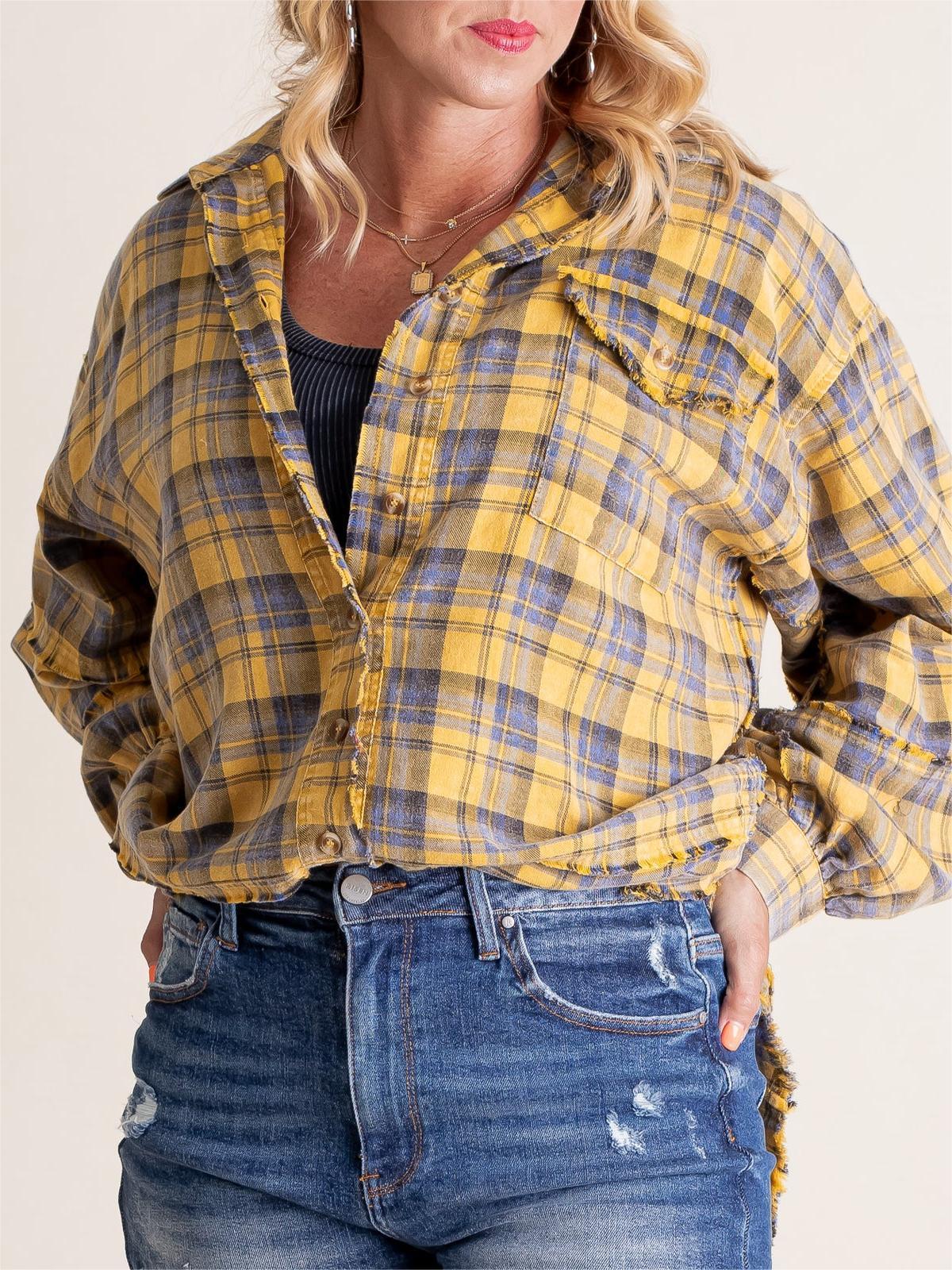 🏆Women's Mineral Washed Button Down Plaid Shirt