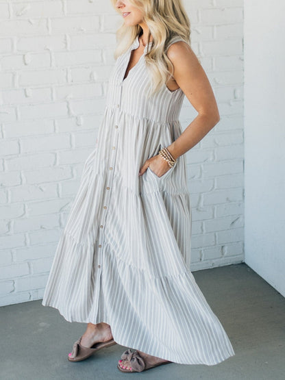 Women's  V Neck Striped Button Front Tiered Dress👗