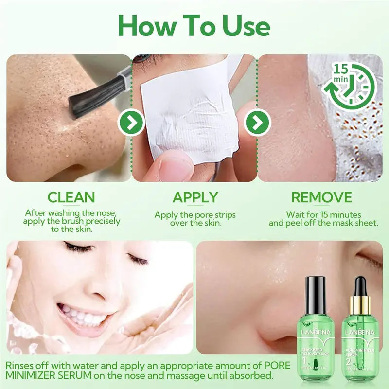 LANBENA Green Tea Blackhead Remover 100 sheet Nose Pore Strips & Pore Minimizer Serum Peel Off Mask for Pores, Nose, Chins & Face