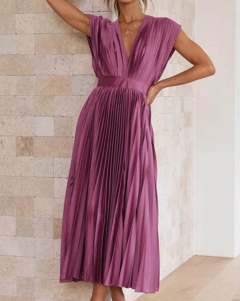 Timeless Elegance: Draped V-Neck Pleated Skirt Dress