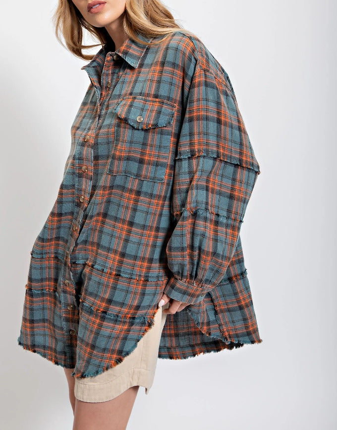 🏆Women's Mineral Washed Button Down Plaid Shirt