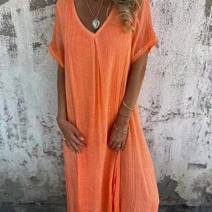 💕Women's Loose V-neck Cotton Linen Dress