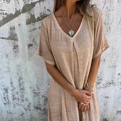 💕Women's Loose V-neck Cotton Linen Dress