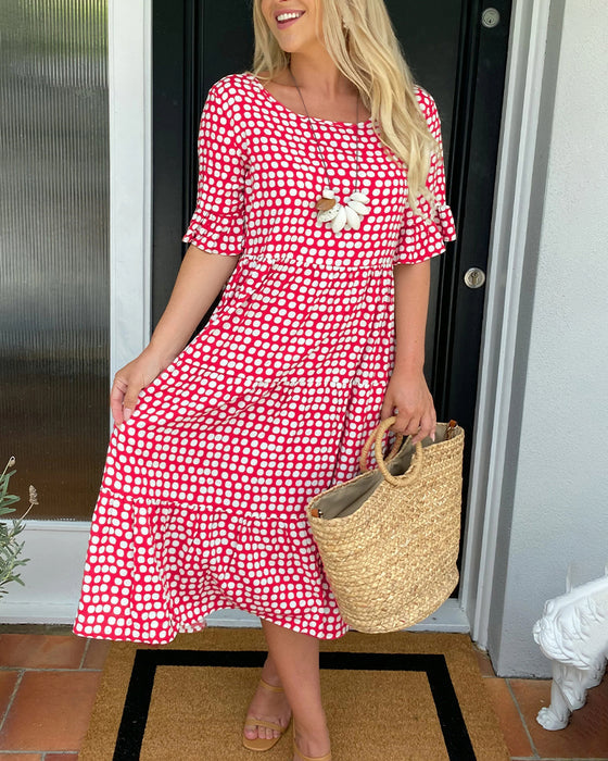 🎁2025 Big Sale🎁💥Round Neck Polka Dot Print Midi Dress