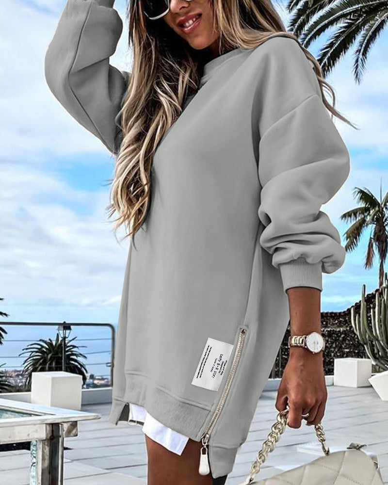 Long Sleeve Pullover Zipper Slit Casual Sweatshirt Dress