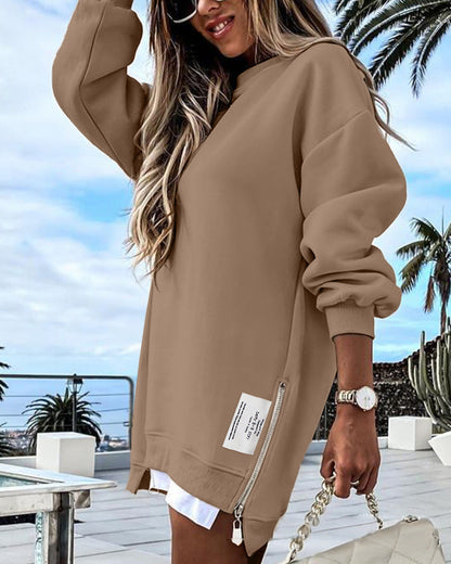 Long Sleeve Pullover Zipper Slit Casual Sweatshirt Dress