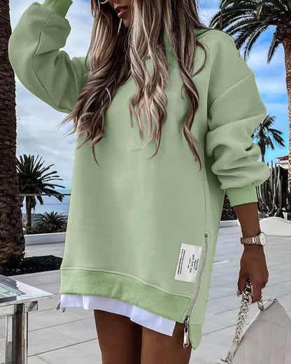 Long Sleeve Pullover Zipper Slit Casual Sweatshirt Dress