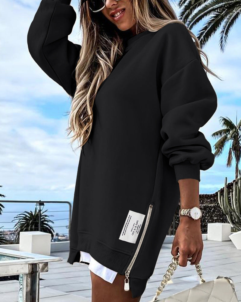 Long Sleeve Pullover Zipper Slit Casual Sweatshirt Dress