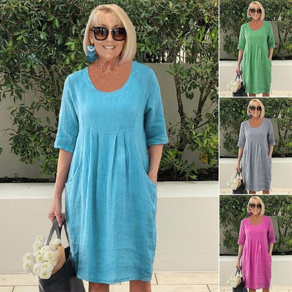 🌸Spring Specials💐 Solid Color Cotton Linen Pockets Tunic Midi Dress