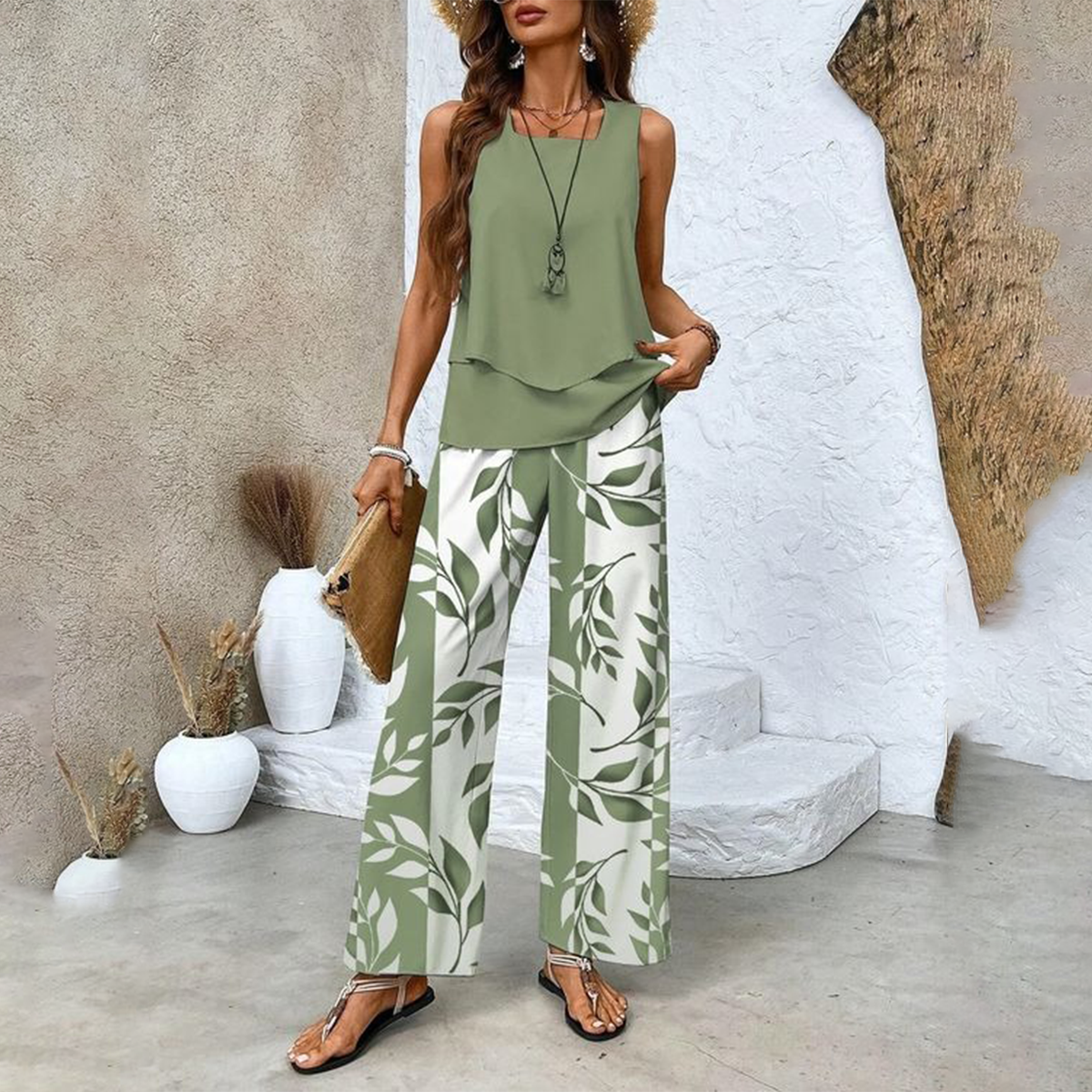 🌺Mother's Day Hot Sale 50% OFF🌺Women’s Trendy Print 2 Piece Outfits Sleeveless Top & Pants✨
