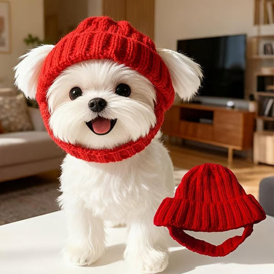 Red knitted dog hat with earflaps – Warm winter hat