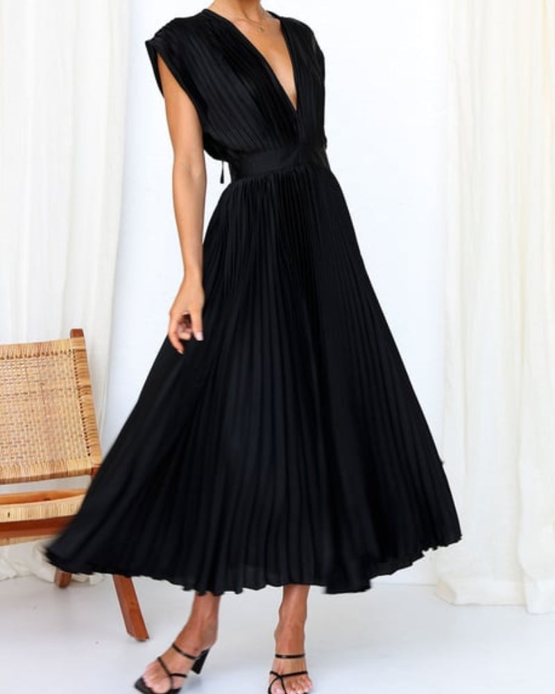 Timeless Elegance: Draped V-Neck Pleated Skirt Dress