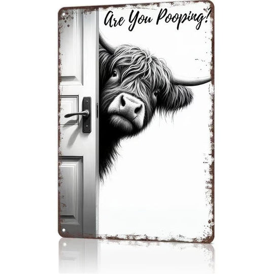 Vintage Highland Cow Sign – Funny"Are You Pooping?" Wall Decor😂