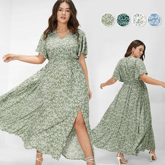 Women's Bohemian Floral Split Maxi Dress With Elastic Waist