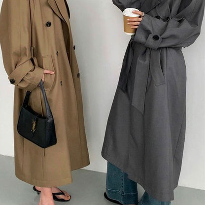 Women's Lapel Double Breasted Long Trench Coat with Belt