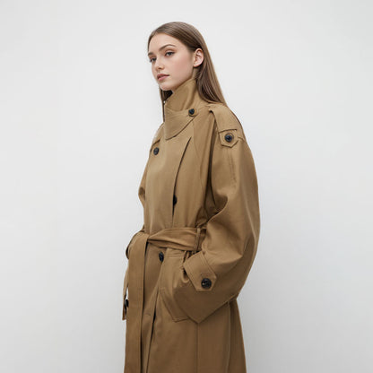 Women's Lapel Double Breasted Long Trench Coat with Belt