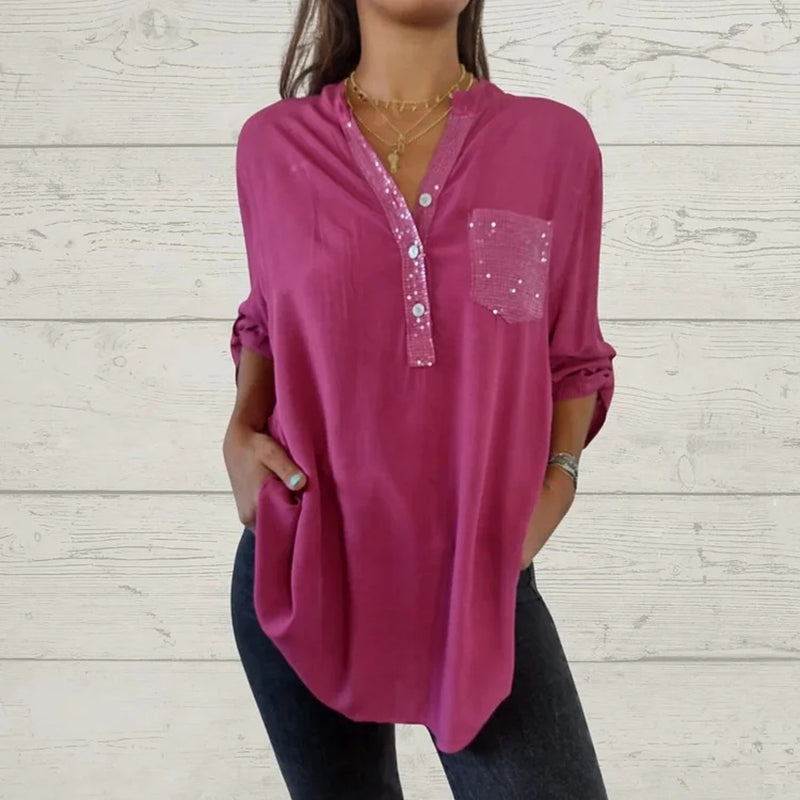 ⏳Limited Sale 49% OFF🌸Women's Sequin Patchwork V-neck Shirt