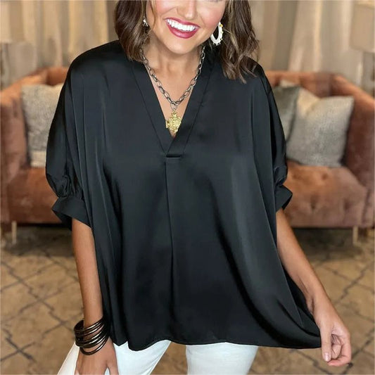 🔥New arrivals-49%OFF🔥Classic women's blouse in silk satin with a V-neckline and short sleeves