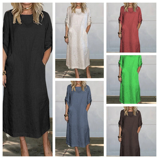 🌷LAST DAY SALE 37% OFF🌷Women's Cotton and Linen Solid Color Loose Dresses