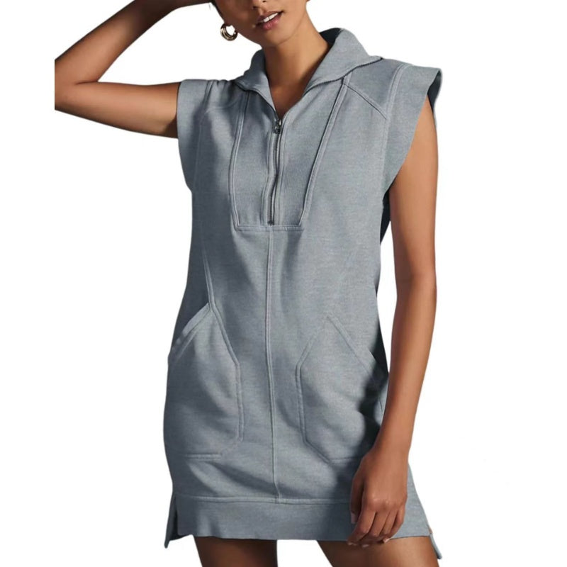 Women's Sporty Half Zip Pullover Sleeveless Mini Dress