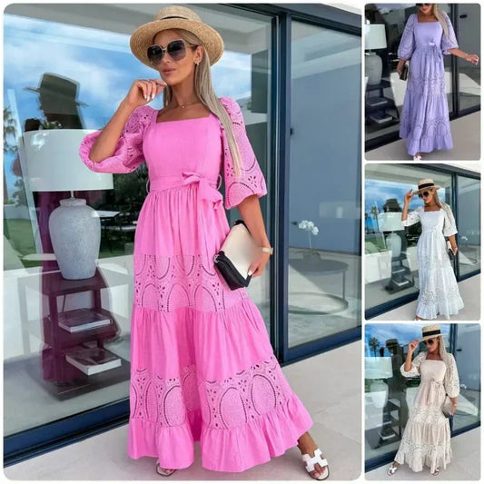 🌷New product promotion 40% off🌷Women’s Trendy Patchwork Tie Waist Square Neck Long Dress