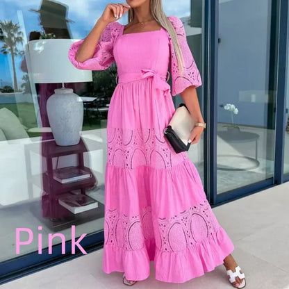 🌷New product promotion 40% off🌷Women’s Trendy Patchwork Tie Waist Square Neck Long Dress