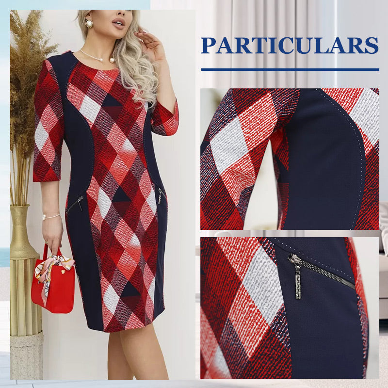 Women’s 3/4 Sleeve Round Neck Loose Fit Plaid Dress