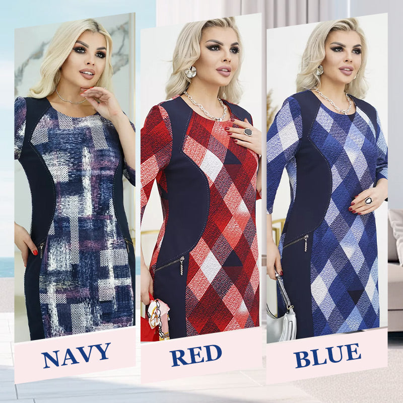 Women’s 3/4 Sleeve Round Neck Loose Fit Plaid Dress