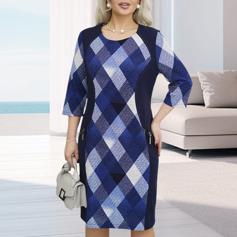 Women’s 3/4 Sleeve Round Neck Loose Fit Plaid Dress