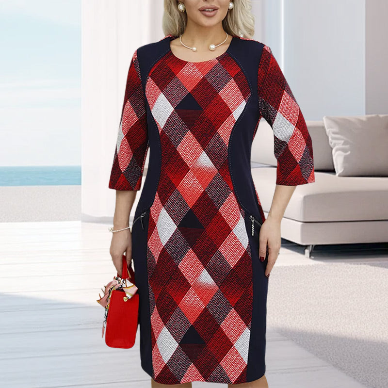 Women’s 3/4 Sleeve Round Neck Loose Fit Plaid Dress