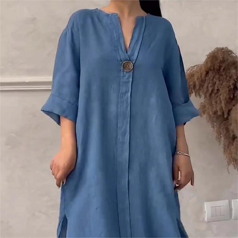 👗Simple V-neck cotton and linen dress