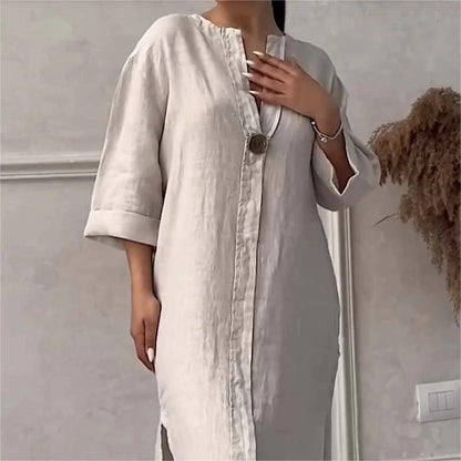 👗Simple V-neck cotton and linen dress