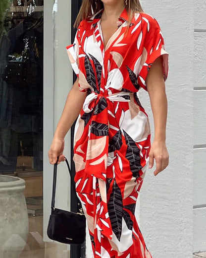 🔥SUMMER SALE 52% OFF💃Casual Lapel Neck Waist Print Shirt Dress