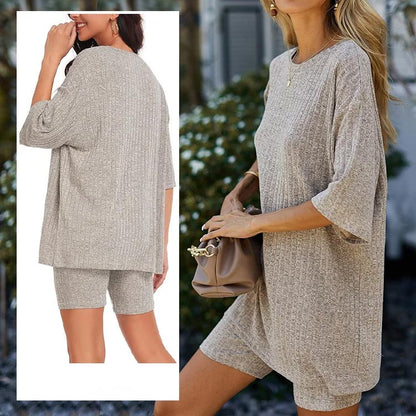 Women's Rib Knit T-shirt and Shorts Casual 2-piece Set