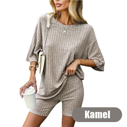 Women's Rib Knit T-shirt and Shorts Casual 2-piece Set