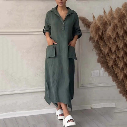 Women's Cotton Linen Solid Colour Lapel Dress