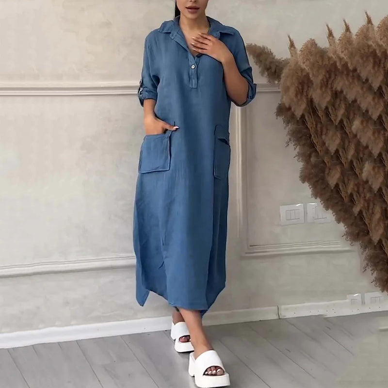 Women's Cotton Linen Solid Colour Lapel Dress