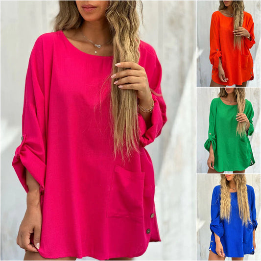💕Limited Time Offer 49% OFF🌹Women's Solid Color Loose Tops with Roll-Up Sleeves