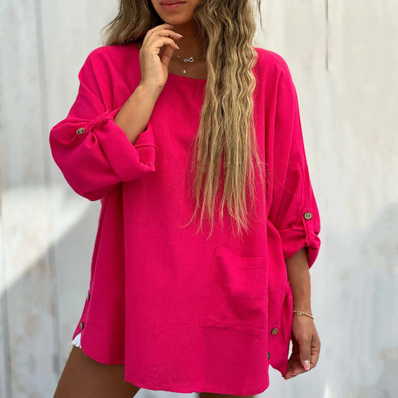 💕Limited Time Offer 49% OFF🌹Women's Solid Color Loose Tops with Roll-Up Sleeves