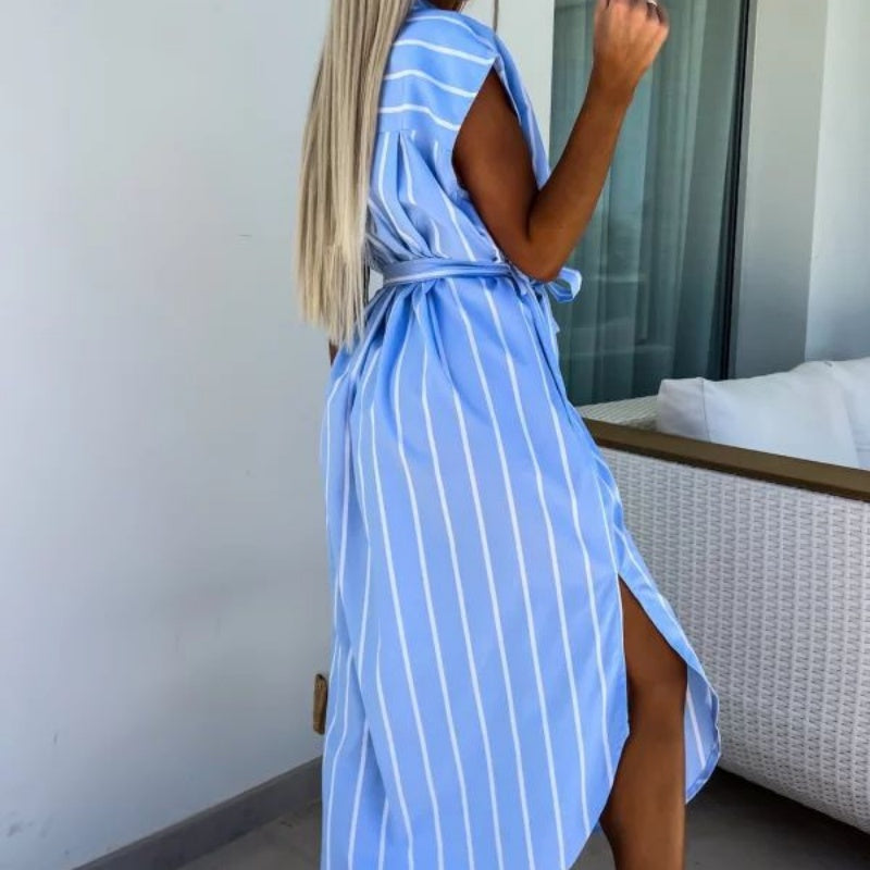 🔥Summer Hot Sale🔥Women's Casual Striped Tie Waist Shirt Dress with Pocket