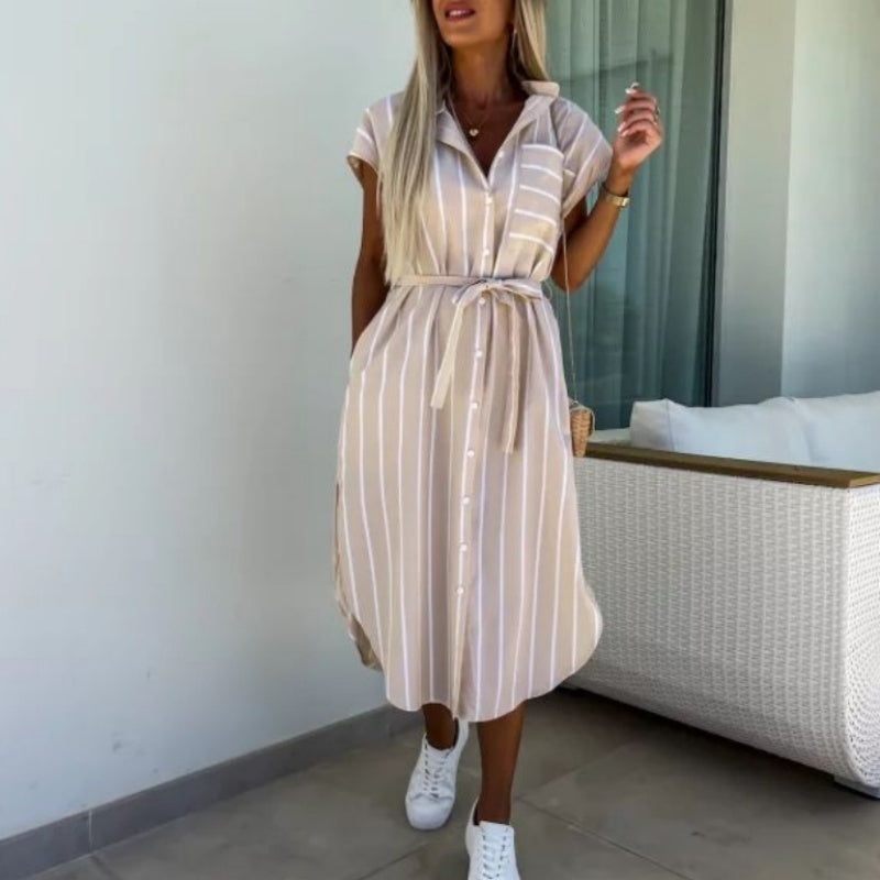 🔥Summer Hot Sale🔥Women's Casual Striped Tie Waist Shirt Dress with Pocket