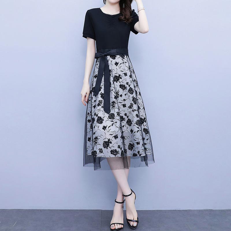 Women's Black Short-sleeve Patchwork Mesh Dress