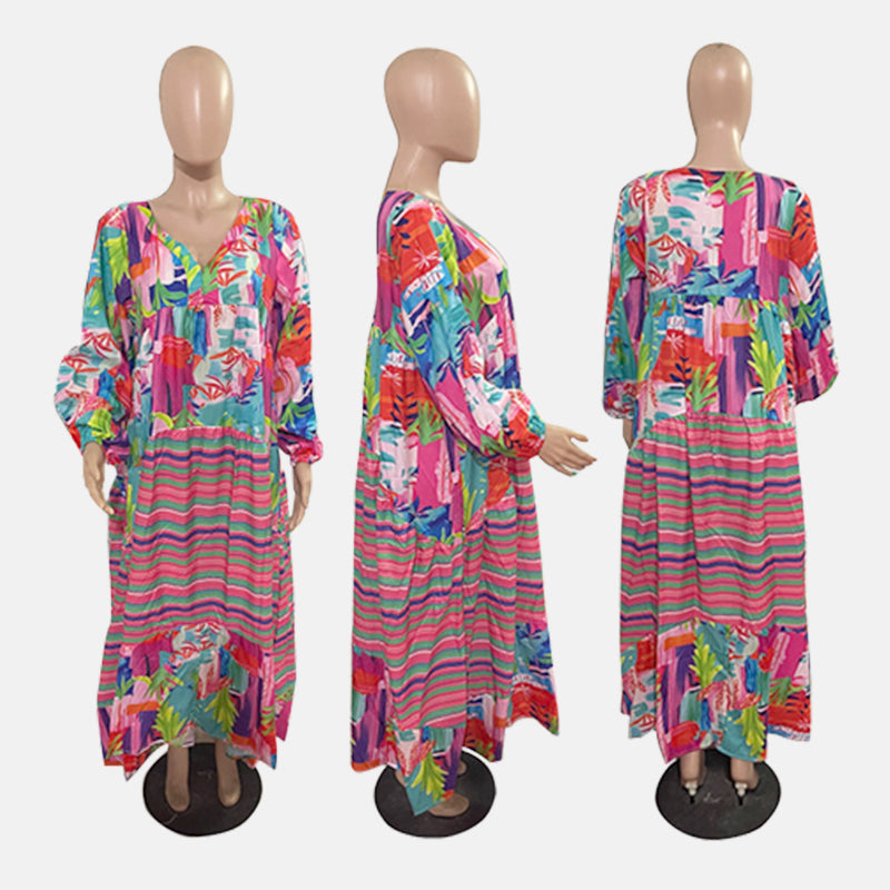 V-Neck Floral Print Maxi Dress