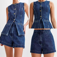 Women's Casual Denim Two-Piece Sleeveless Top & Shorts Set