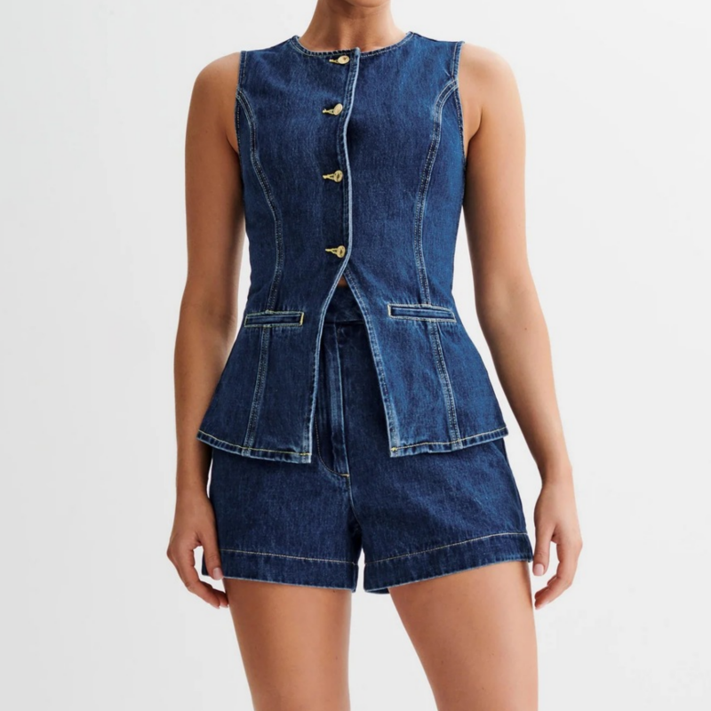 Women's Casual Denim Two-Piece Sleeveless Top & Shorts Set